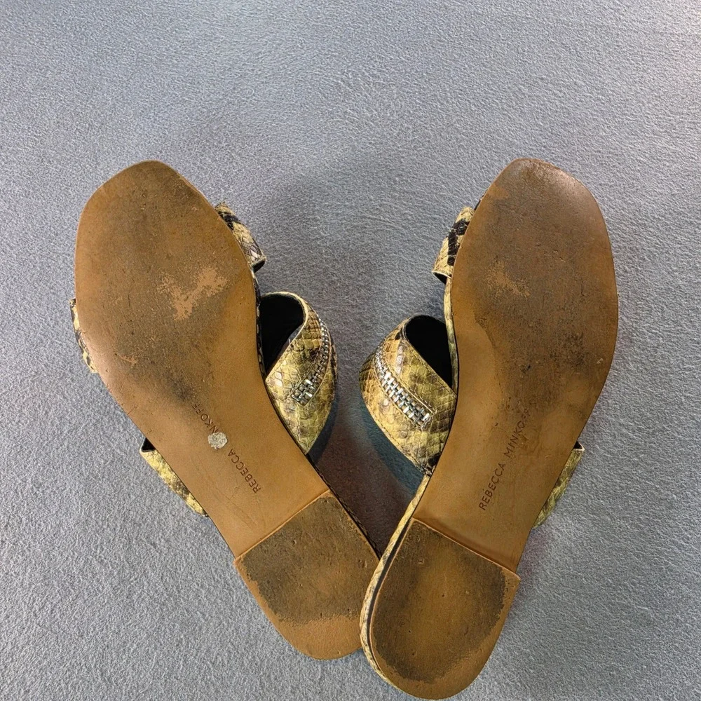 Rebecca Minkoff Snakeskin Embossed Leather Zipper Trim Slide Sandals Yellow 8.5M